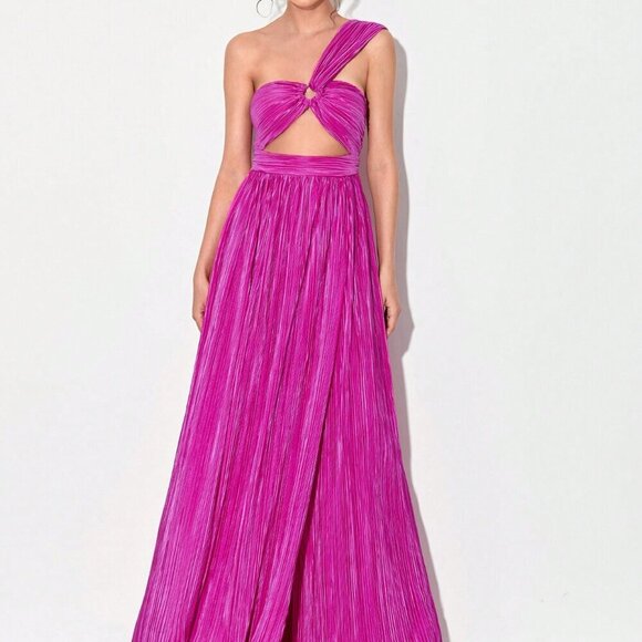 Red Violet Sexy Women's One Shoulder Ring Ruched Front Cut Out Split Thigh Dress - Picture 3 of 6